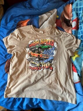 High Speed Graphic Cars Tee - Beige with Multicolor Print
